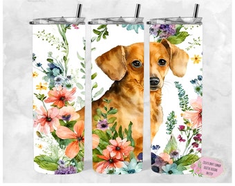 Chiweenie Dog watercolor with wildflowers 20oz straight wrap, PNG, Sublimation digital download wrap, 20oz Tumble,  Sublimation tumbler wrap