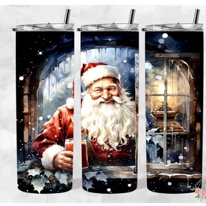 Santa with a wood background looking out the window holding a drink 20oz Tumbler Wrap, PNG, Seamless Design, 300dpi, Digital Download, wrap