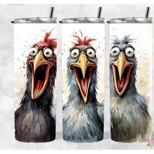 May include: Three sublimation designs featuring cartoon birds with wide open beaks and large eyes. The birds are in different colours, including black, grey, and blue. The designs are perfect for creating custom tumblers, mugs, or other personalised items.