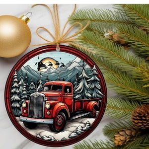 Christmas Ornament Classic Red Pickup truck, Sublimation Holiday Ornament, Round, PNG, Ornament for Holiday Gifts, wood Ornament, 300di, png