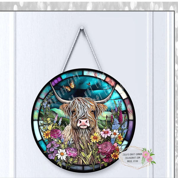 Highland Cow Stained Glass Door hanger digital PNG, Highland Cow, Highland Cow Sublimation Door Hanger Instant download, Printable, PNG File