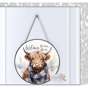 Door Hanger - Highland Cow Welcome to our Home Sublimation Round Door Hanger, Home Decor door hanger, instant digital download, cow png