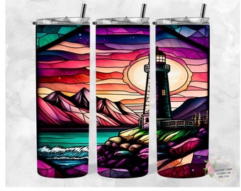 Lighthouse Northern Lights Tumbler Wrap: Stained Glass PNG (Digital Download)