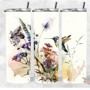 Hummingbird Wildflowers in watercolor 20oz Skinny Tumbler Wrap/PNG/Seamless Design/Digital Download/Sublimation Tumbler wrap/sublimation png