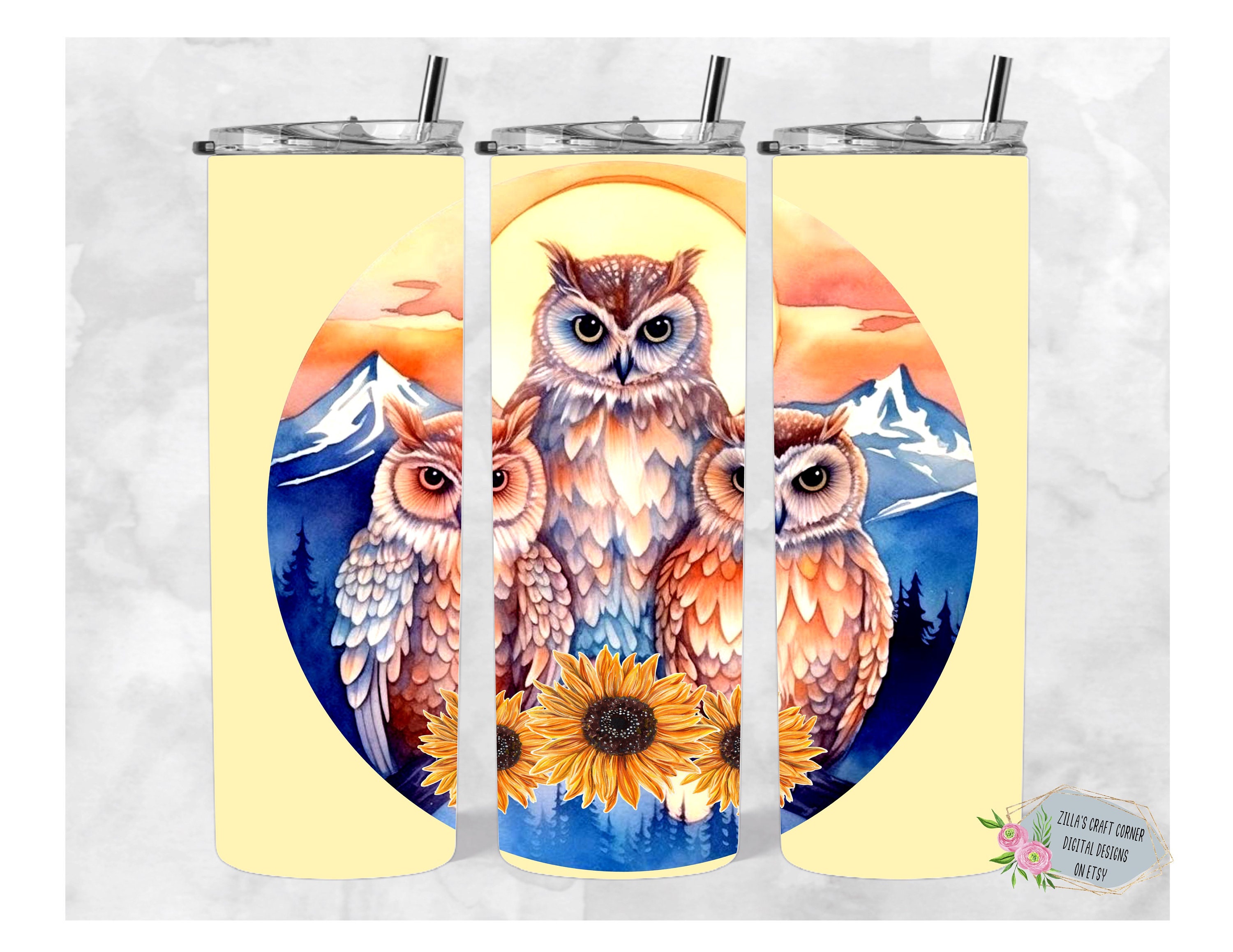 Watercolor Owls and Sunflowers 20oz Tumbler Wrap (PNG Digital Download)