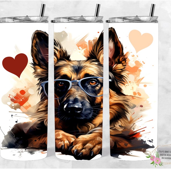 German Shepherd wearing glasses with hearts 20oz Tumbler Wrap, 300dpi, PNG, Seamless Design,Digital Download,sublimation digital png, dog