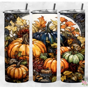 Stained Glass Fall Pumpkins and Leaves 20oz Tumbler Wrap, PNG, Seamless Design, Digital Download, sublimation digital download png, Fall png