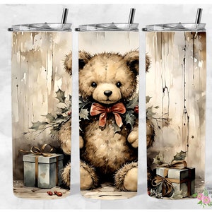 Christmas bear with presents 20 oz Skinny Tumbler, Template, PNG, Digital Download wrap, Tumbler 20oz  png, sublimation digital design, wrap