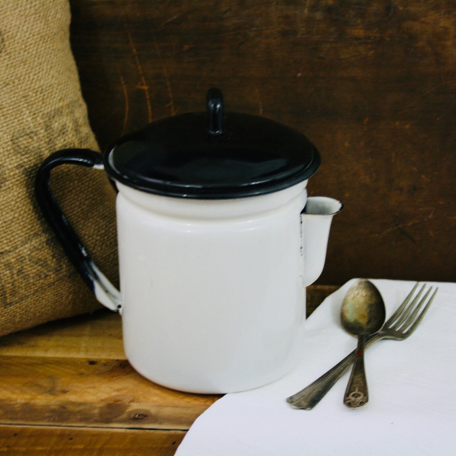 Vintage White Enamel Coffee Pot with Black Lid Etsy
