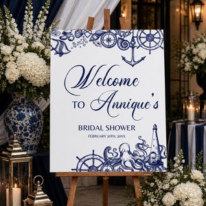 Nautical Bridal Shower Welcome Sign Template, Beach Marine Bachelorette Party Decor 071NA-WLCM