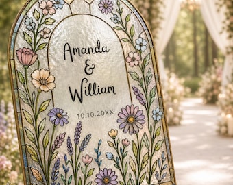 Modelo de placa de boas-vindas em vitral, placa de acrílico imprimível para casamento com flores silvestres (faça você mesmo) 035STGL-WLCM