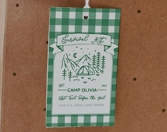 Camping Bachelorette Survival Kit Favor Tag, Last Trail Before the Veil, Editable Template 016GR-TAGS