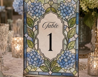 Blue Hydrangea Faux Stained Glass Table Number, Floral Wedding Acrylic Tracing Canva Template 035STGL-TBNR