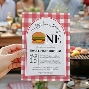 BBQ First Birthday Invitation, Bun Is Turning One Summer Grillout Gingham Party Template 020IND-BINV