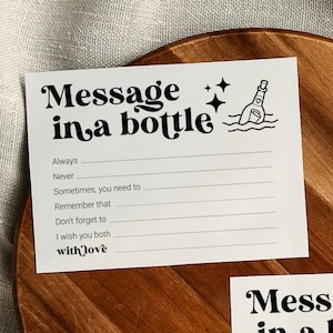 Plantilla de tarjeta con mensaje en una botella para una boda, un baby shower o una despedida de soltera. Consejos y deseos para la pareja n.° 065b