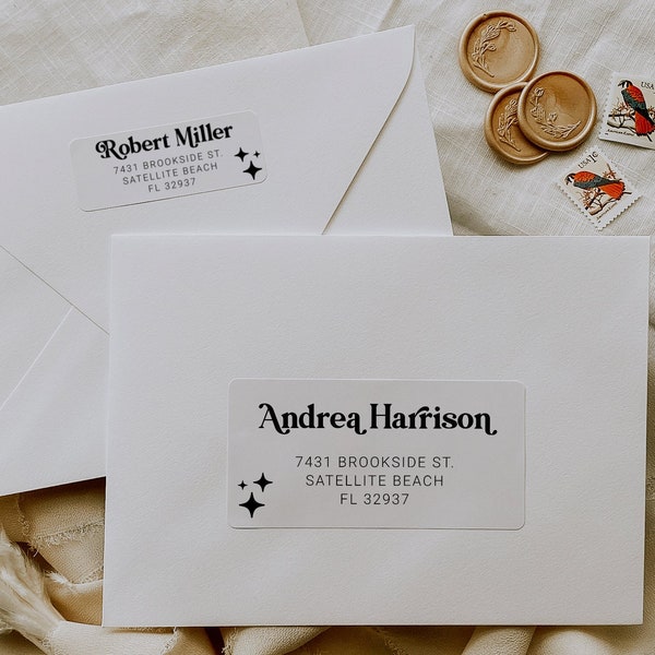 Étiquettes d’adresse des invités de mariage pour invitation de mariage rétro ou mariage inspiré des années 70 Save the Date #065b