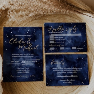 Celestial Starry Night Wedding Invitation Template, Navy Gold Moon Invitation Suite #066