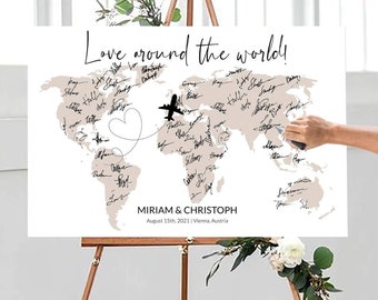 Wedding Guest Book Sign, World Map Travel Reception Display, Destination Globe Editable Template 072W-GUBK-SIGN