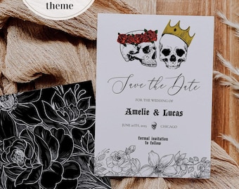 Gothic Wedding Save the Date, Till Death do us Part Save the Date, Rock n Roll Party Invitation, Skull Halloween Wedding #077
