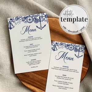 Modello di menu stampabile per decorazioni per matrimoni a destinazione o menu per addio al nubilato nautico #071