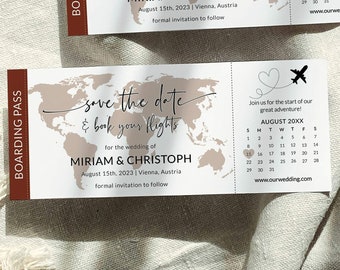 Destination Wedding Save the Date Calendar Template, Boarding Pass Wedding Invitation for Travel Wedding #072w