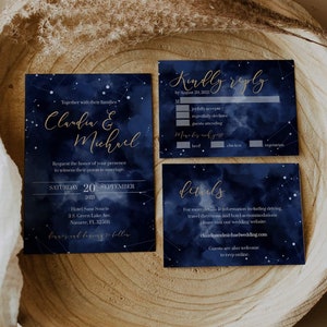 Celestial Starry Night Wedding Invitation Template, Moon Wedding Invite Bundle for Navy Blue and Gold 066 image 1