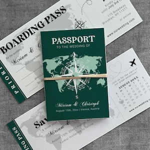 Emerald Green Destination Wedding Passport Invitation Bundle with Save the Date & Boarding Pass Template for Travel Themed Celebration #065