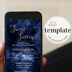 Celestial Sweet Sixteen Invitation Template, Sweet 16 Phone Invitation for Starry Night Quinceanera Party #066