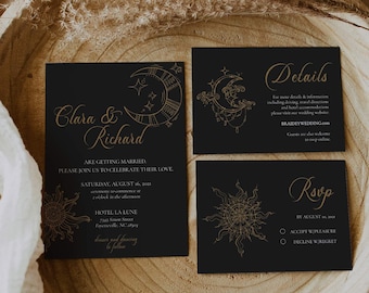 May include: Black and gold wedding invitation suite with celestial and sun illustrations. The invitation card reads "Clara & Richard are getting married. Please join us to celebrate their love. Saturday, August 16, 2021 at 7 o'clock in the afternoon. Hotel La Lune, 739 Avenue Street, Fayetteville, NC 28301. Dinner and dancing to follow."