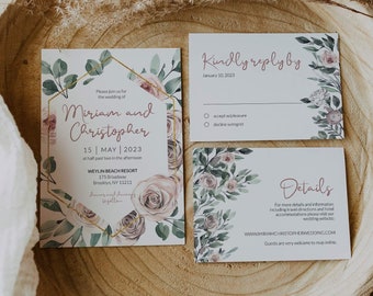 May include: A wedding invitation suite with a floral design. The invitation features a gold geometric frame with pink and green watercolor flowers. The RSVP card has a floral border and asks guests to reply by January 30, 2023. The details card includes the wedding website and a message welcoming guests to RSVP online.