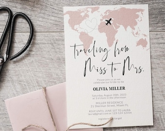 Travel Bridal Shower Invitation Template with Watercolor Map for Destination Wedding #072w