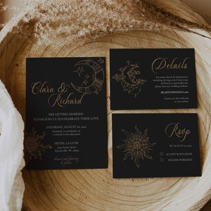 Celestial Wedding Invitation Template for Black Witchy Wedding Celebration with Moon and Stars #062