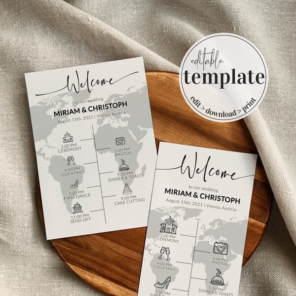 Destination Wedding Timeline Weekend Itinerary Template Travel themed Wedding Day Program #072w