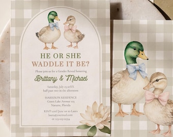 Duck Gender Reveal Invitation, Waddle It Be Watercolor Mallard Invite, Editable Gingham Template 006LD-GERINV