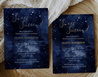 Celestial Sweet Sixteen Invitation Template, Sweet 16 Invitation Template Download for Starry Night Quinceanera Party #066