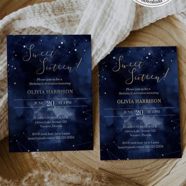 Celestial Sweet Sixteen Invitation Template, Sweet 16 Invitation Template Download for Starry Night Quinceanera Party #066