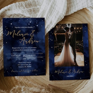 Celestial Starry Night Wedding Invitation Template, Moon Wedding Invite Bundle for Navy Blue and Gold 066 image 2