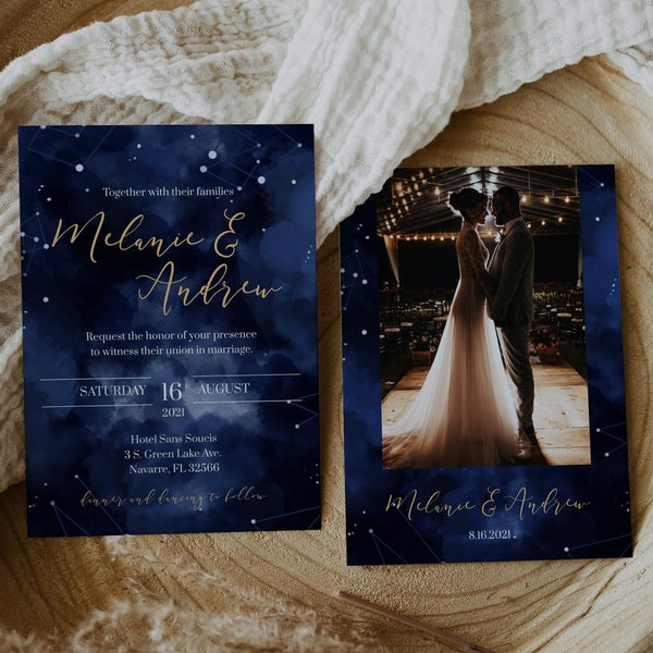 Celestial Moon Wedding Invitation Template, Navy Blue and Gold Galaxy Space Astronaut Witchy Wedding Invite #066