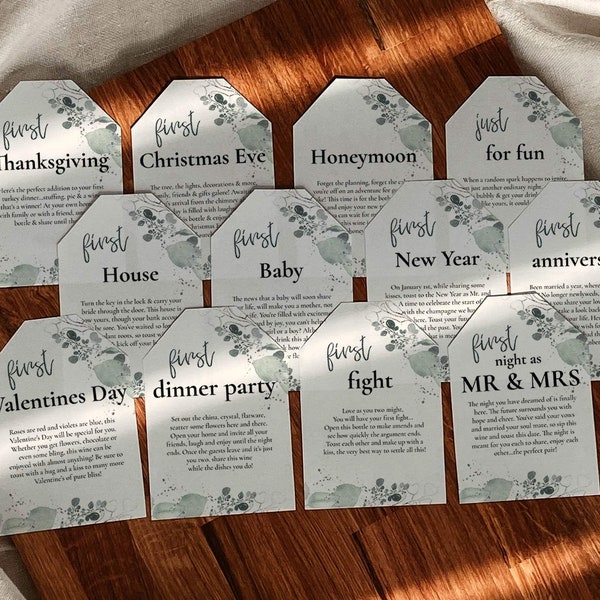 Marriage Milestone Wine Tags, year of firsts wine tags, Milestone Wine Bottle Gift Tags #002