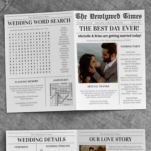 Newspaper Wedding Program with crossword, timeline, infographic and itinerary for simple modern Wedding | Printable Template #065b