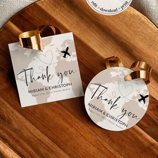 Destination Wedding Favor Tags Template to Download, Favor Tags for travel themed wedding, bridal shower or baby shower #072w