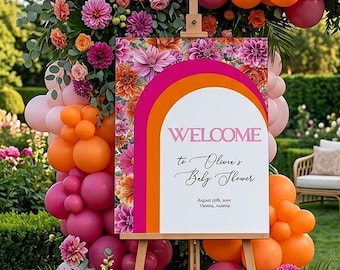 Pink Orange Floral Welcome Sign, Citrus Baby Shower Brunch Entrance Decor Template Printable 011PO-WLCM
