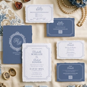 Old Money Dusty Blue Wedding Invitation, Elegant Monogram Luxury Suite, Classic Formal Template 080BL-WEDINV