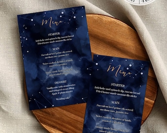 Starry Night Wedding Menu Card Template for Celestial Witchy Moon Wedding, Navi Blue and Gold Galaxy Table Menu Card #066