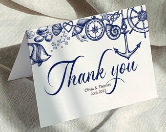 Nautical Wedding Thank you card Template, Marine Wedding Invite with Photo for Ocean Beach Wedding #071