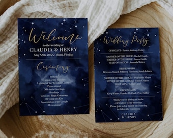 May include: A navy blue wedding ceremony program with gold lettering and a constellation design. The program lists the order of events for the ceremony, including seating of the families, lighting of the wedding candles, and the processional. The program also includes the names of the wedding party.