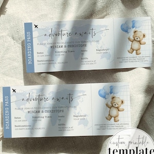 Blue Adventure Awaits Baby Shower Boarding Pass Invitation Template for Boys Travel Themed Baby Sprinkle Editable Party Printable  #072w