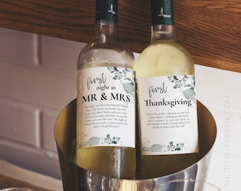 Printable Marriage Milestone Wine Labels, A year of Firsts Poems Wedding Gift Wine Bottle Labels, Greenery Wine Basket Milestone #002