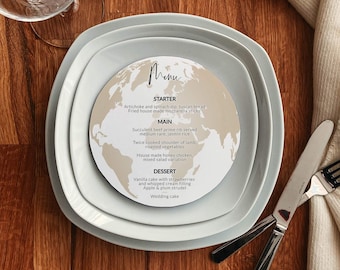 Plantilla de tarjeta de menú de boda de destino con mapa mundial en acuarela #072w