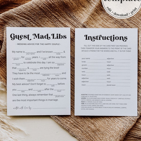 Mad Libs Wedding Guest Book Game for Adults Bridal Shower | printable template with minimalist modern theme | Printable Template #065b